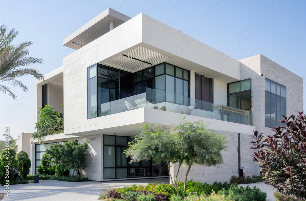 odern contemporary villa in Dubai, glass and concrete architecture with lush greenery, front view