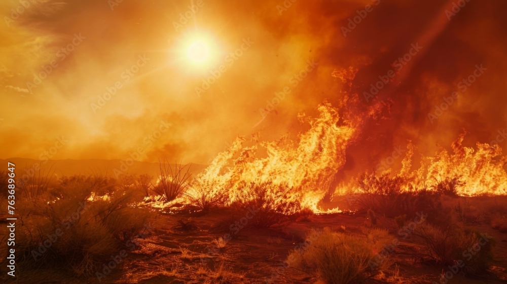 In a parched desert landscape a solar flare ignites a brush fire spreading quickly across the dry terrain. The destructive force of the suns fury reaches even the most desolate