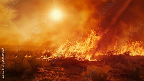 In a parched desert landscape a solar flare ignites a brush fire spreading quickly across the dry terrain. The destructive force of the suns fury reaches even the most desolate