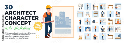 Architect Character Illustration. Mega Set. Collection scenes of Architect, engineer, worker, professional, builder, contractor Activity. Vector Illustration