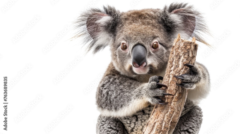 Obraz premium Cute koala clinging to a branch. Peaceful coexistence with nature.