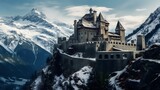 A timeless castle nestled amidst the rugged beauty of the Alps, its weathered stone walls bearing witness to centuries of tumultuous history, yet still standing strong against the test of time.