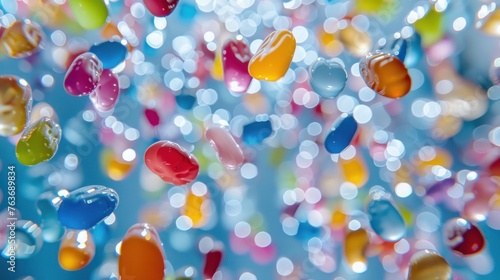 Colorful jellybeans raining down  reflecting light. Dynamic scene reminiscent of childhood sweetness.