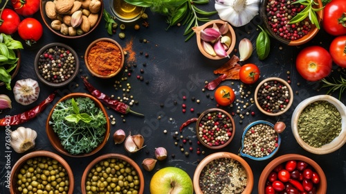 Colorful Array of Fresh Ingredients and Spices on Dark Surface