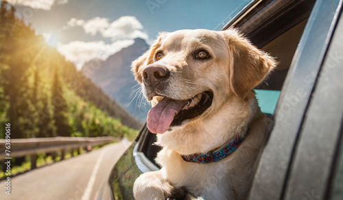 Dog travels on a car and admires the view outside the car window.