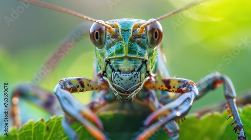 Close-up of colorful grasshopper resting on green foliage, showcasing intricate patterns and details of wildlife. Insect world and biodiversity. © Postproduction