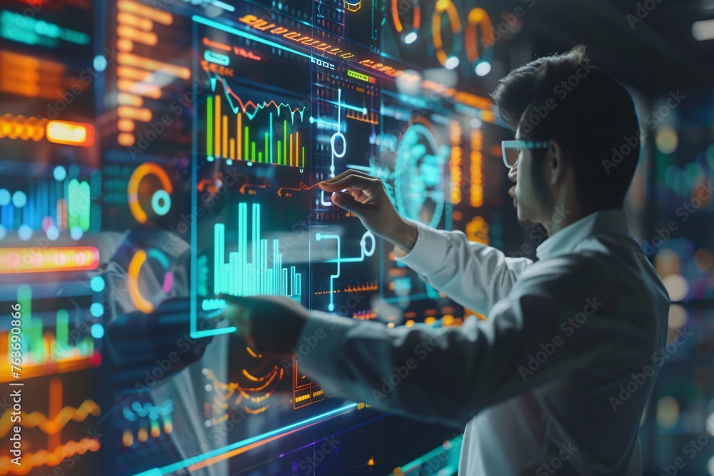 A businessman utilizes digital augmented reality to analyze the profitability of companies in 2024, showcasing positive financial indicators for long-term investments A businessman utilizes digital augmented reality to analyze the profitability of companies in 2024, showcasing positive financial indicators for long-term investments