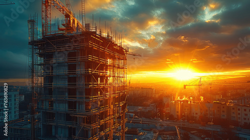 construction site and sunset, structural steel beams build large residential buildings