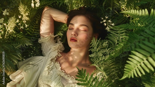 Wallpaper Mural Alternative unique description for the fern-filled interior. Serene sanctuary filled with verdant ferns, offering a peaceful retreat where a model in seasonal attire embodies harmo Torontodigital.ca