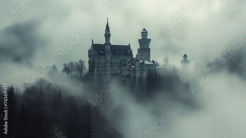 The old castle in the fog. Tranquil, mystical and mysterious atmosphere. Beauty landscape. Generative AI © kovalovds