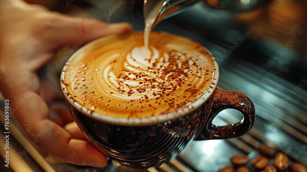 Hand Holding Black Cup with Latte Art. Close-up of a hand holding a black ceramic cup with a detailed latte art design, against a backdrop of espresso machine steam. Hand Holding Black Cup with Latte Art. Close-up of a hand holding a black ceramic cup with a detailed latte art design, against a backdrop of espresso machine steam.