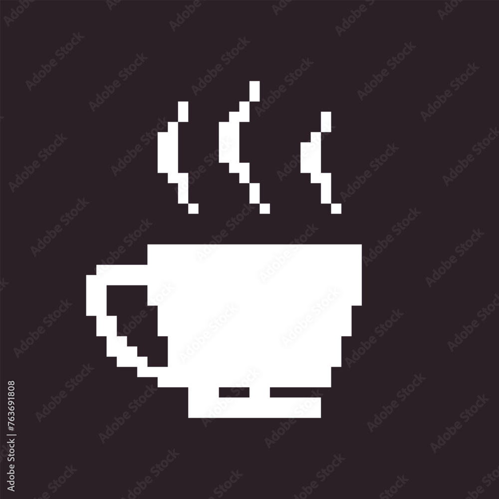 black and white simple flat 1bit vector pixel art icon of cup with hot drink black and white simple flat 1bit vector pixel art icon of cup with hot drink