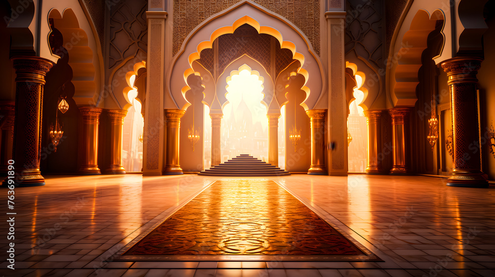 Obraz premium Ramadhan eid mubarak bakcground mosque praying hall with spiral pillars of stones and roof tiling illuminated with sunlight. 