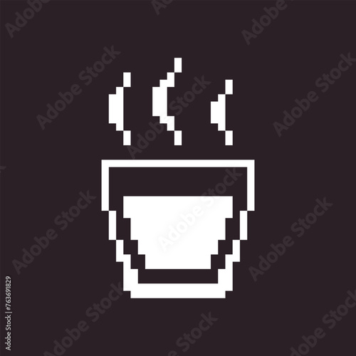 black and white simple flat 1bit vector pixel art icon of glass with hot drink