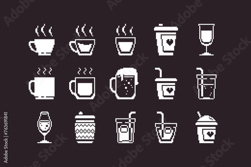 black and white simple flat 1bit vector pixel art set of glasses and cups with various drinks icons