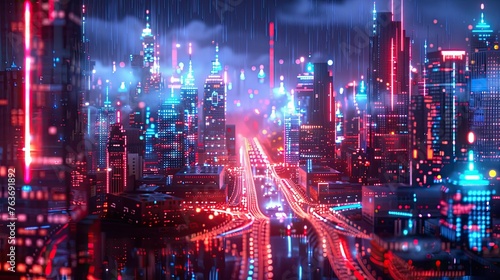 An abstract representation of the internet as a neon-lit city, with data streams flowing like traffic,