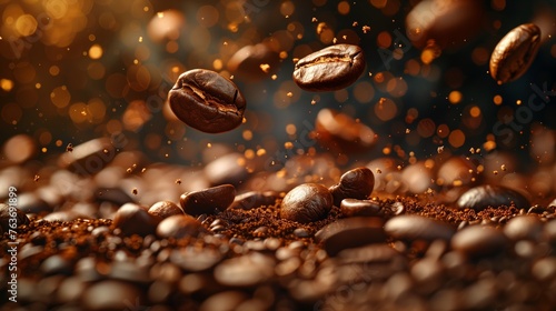 Floating Coffee Beans with Golden Glitter. Coffee beans float dynamically mid-air with a cascade of golden glitter, invoking the vitality and magic of coffee in motion.