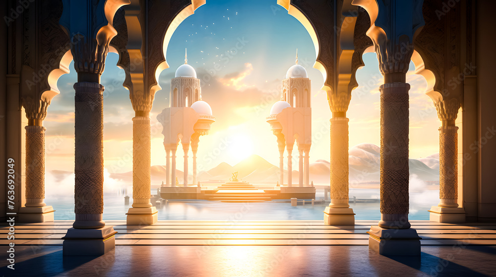 Ramadhan eid mubarak bakcground mosque praying hall with spiral pillars of stones and roof tiling illuminated with sunlight.	 - obrazy, fototapety, plakaty 