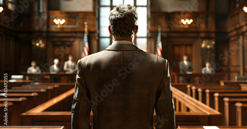 Lawyer standing in court, view from behind
