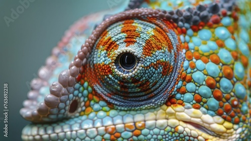 The panther chameleon's eyes reveal a stunning array of hues, showcasing its remarkable color-changing abilities up close.