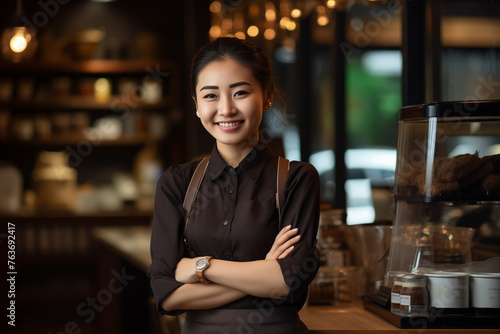 Professional Barista Posing in Modern Cafe. Professional barista stands confidently with crossed arms in a sleek  modern caf    representing expertise and quality service.