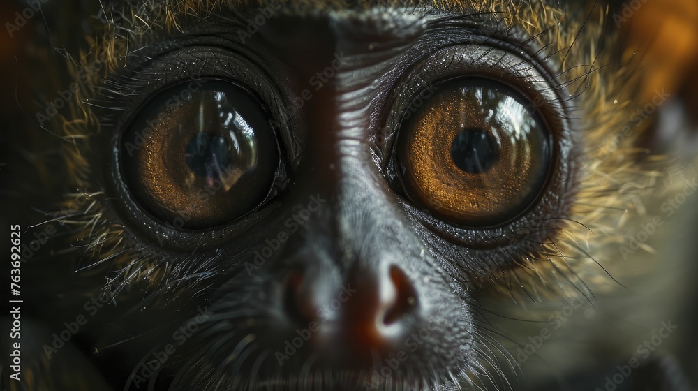 Capturing the nocturnal enchantment of Africa's tiny primate through an intense gaze at a bush baby's wide-eyed wonder. - obrazy, fototapety, plakaty 