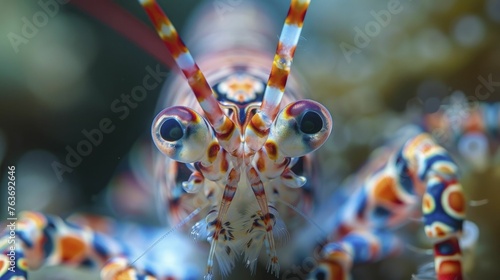 Captivated by the harlequin shrimp's eyes amidst its vibrant body patterns and colors, one enters a mesmerizing world of detail. photo