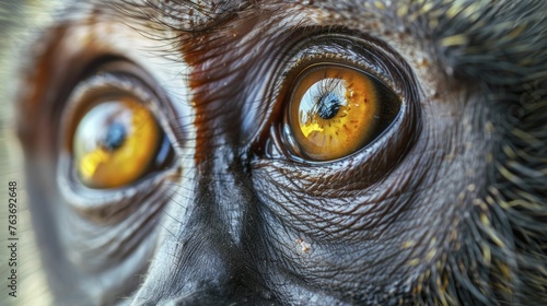 The intense gaze into the monkey's eyes reveals a mischievous and intelligent spark that captivates the observer.