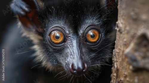 Captivating the eerie essence of Madagascar's nocturnal lemur through an intense gaze into the aye-aye's eyes. photo