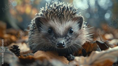 A hedgehog's intense stare reveals both its curiosity and its protective spiky exterior when captured up close.