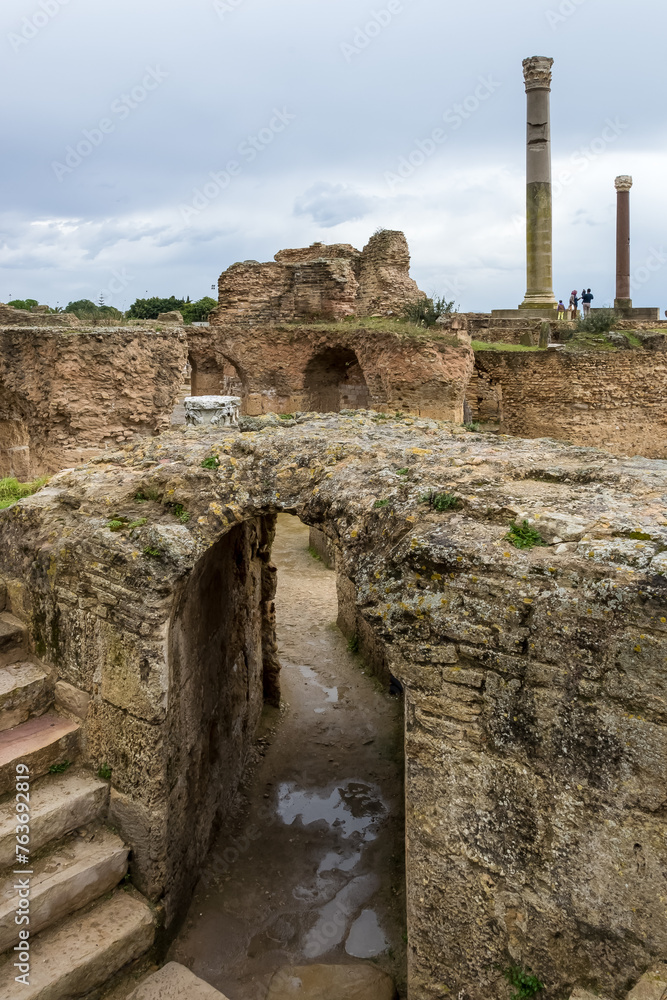 View of the Baths of Antoninus or Baths of Carthage, in Carthage, Tunisia, the largest set of Roman thermae built on the African continent and also one of the most important landmarks of Tunisia
