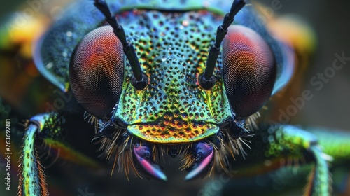 The intricate details of a jewel beetle's eyes are accentuated by its shimmering metallic exoskeleton. © Kanisorn