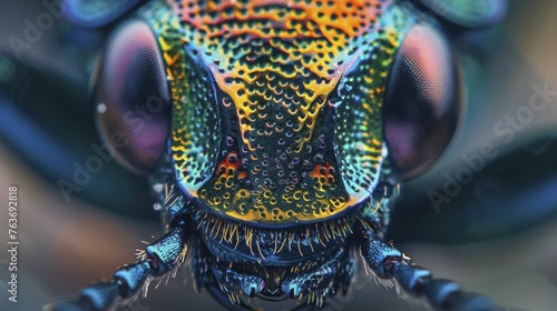 The intricate patterns on the jewel beetle's eyes shimmer against its metallic exoskeleton in the mesmerizing macro photograph. © Kanisorn