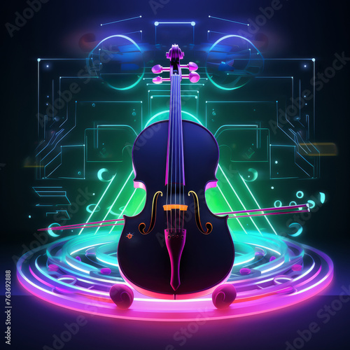 A cello surrounded by floating colorful musical clefs photo