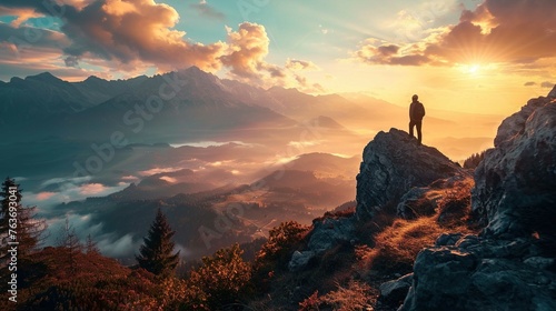 A person stands atop a rocky outcrop, overlooking a dramatic mountain landscape during sunset. The sun is low in the sky, casting a warm, golden light, which illuminates the clouds and the mist-filled © Jesse