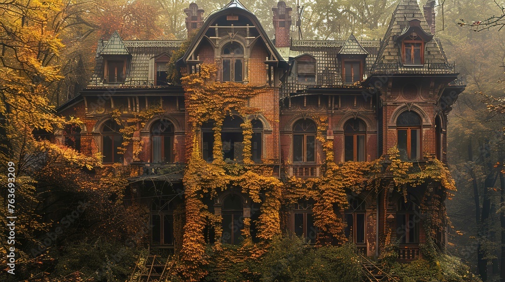 The image shows an ornately designed Victorian-style mansion overtaken by nature. The red-brick building features intricate woodworks on eaves and gables, decorative trim, and sprawling ivy. Much of t - obrazy, fototapety, plakaty 