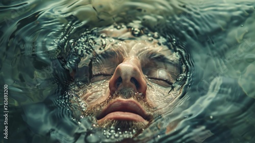 The image shows a close-up of a man's face partially submerged in clear water. His features are calm and relaxed, with his eyes closed and mouth slightly open. The water ripples around his face, disto