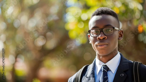 Male student embracing tradition by donning school uniform with pride.