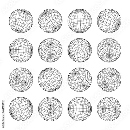 Wireframe shapes  lined sphere. Perspective mesh  3d grid. Low poly geometric elements. Retro futuristic design elements  y2k  vaporwave and synthwave style. Vector illustration