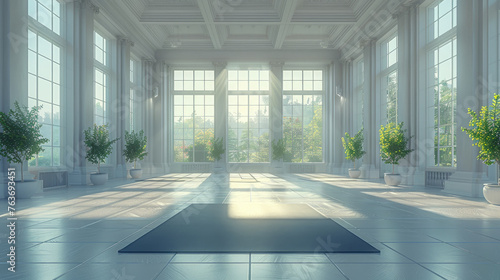 The gym white interior with a black yoga mat, big windows, and no people . photo