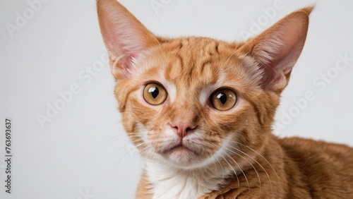 Portrait of Red devon rex cat on grey background