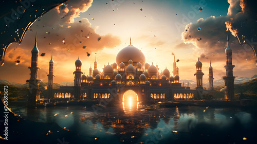 Mosque background for Ramadan and Eid Mubarak greetings. Beautiful sunrise Mosque with colorful clouds	
 photo