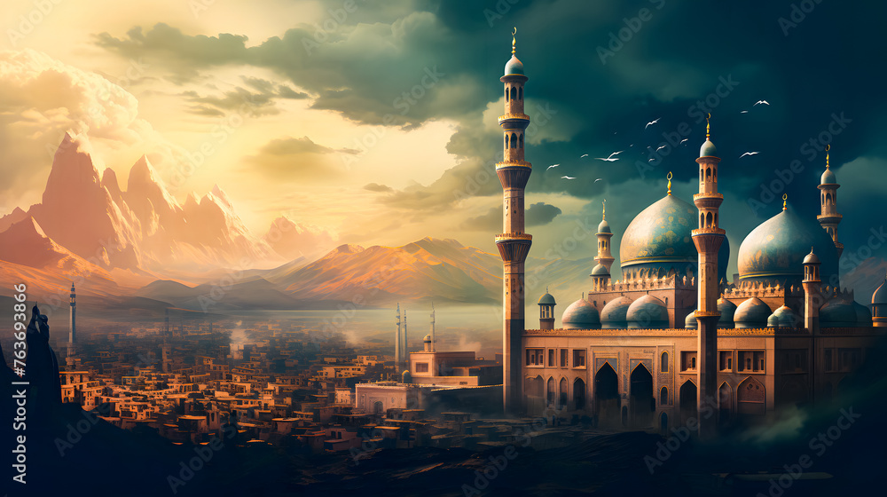 Obraz premium Mosque background for Ramadan and Eid Mubarak greetings. Beautiful sunrise Mosque with colorful clouds 
