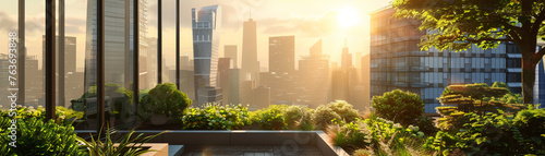 An urban rooftop garden with a view of skyscrapers and green energy solutions8K