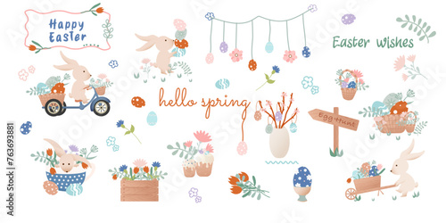 Happy Easter clip art. Set of cartoon characters in retro style. Easter bunny, bicycle with bunny, flowers, basket with Easter eggs, garland, bouquet.