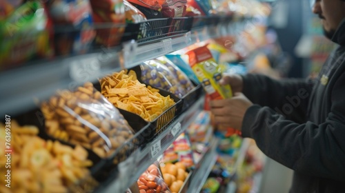 A worker replenishing the shelves of snacks and candy at a crowded concession stand making sure theres enough for everyone. photo