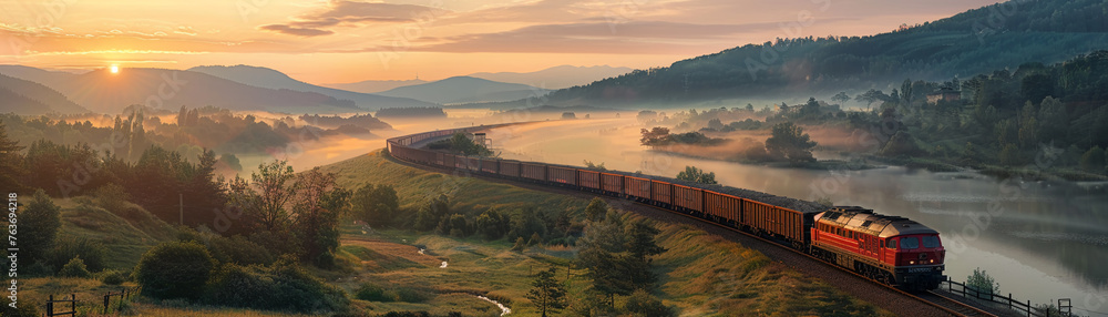 Fototapeta premium Cargo train winding through scenic landscapes at duskultra HD