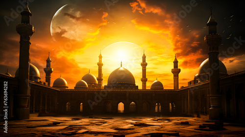 Mosque background for Ramadan and Eid Mubarak greetings. Beautiful sunrise Mosque with colorful clouds	
 photo