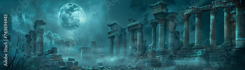 Deserted ancient city ruins under a full moon with mist rolling inhigh-resolution photo