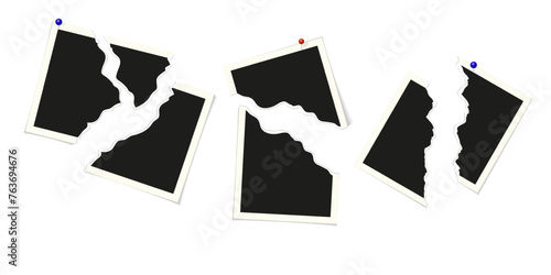 Set of torn photo frames with buttons. Retro snapshots, snapshot mockup, torn old photo. Realistic template with shadow.